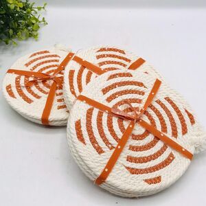 One Set of 4 Rope Coffee Coasters Cotton Burnt Orange Dots Cottage Core 4.75"